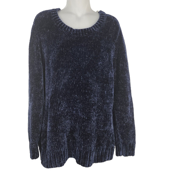 Orvis Chenille Sweater Womens Large Pullover Ribbed Crew Neck Stretch Knit Blue - Picture 1 of 11